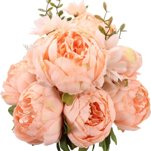 Springs Flowers Artificial Silk Peony Bouquets Wedding Home Decoration,Pack of 1 (Spring Orange-Pink)