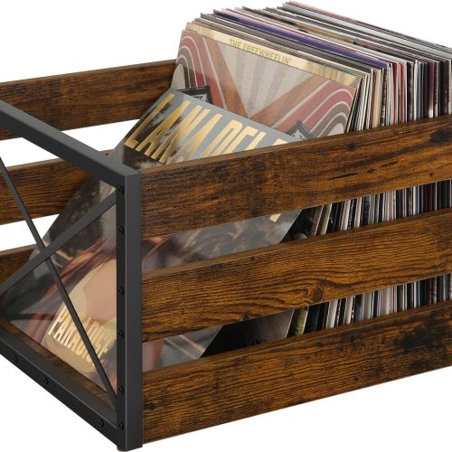 Vinyl Record Storage, Large LP Vinyl Record Storage Crate, Metal & Wooden Record Holder, Cube Record Organizer Box, Holds up to 80+ Records