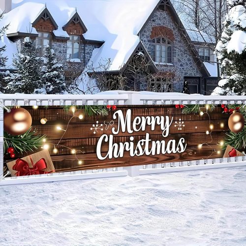 Outdoor Merry Christmas Hanging Banner 78.7x17.7 Inches Christmas House Fence Banner Decoration Holiday Party Supplies Vintage Xmas House Garaged Indoor Outside Christmas Party