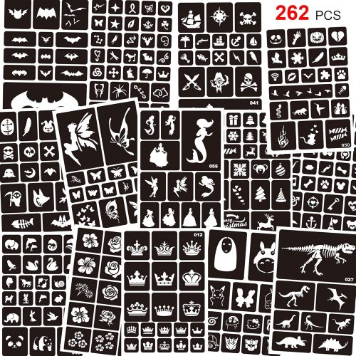 Konsait 262pcs Temporary Tattoos Stencils for Kids, Face and Body Paint Stencils Kit, Girl Boy Glitter Tattoos for Kids School Show Birthdays Halloween Christmas Party Favor Supplies