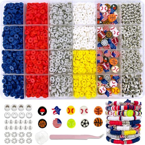 Sports Clay Beads Kit for Bracelets Making, Football Heishi Beads, 4th of July Beads Clay Charms and Silver Spacers for Jewelry Making, Friendship Bracelet Kit for Crafts, Concert, Raves
