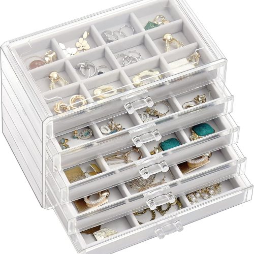 ProCase Earring Holder Organizer Jewelry Box with 5 Drawers, Acrylic Clear Earring Case with Adjustable Velvet Trays for Women - Grey, 5 Layers