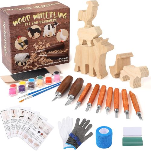 Trafagala Wood Carving Kit Farm Animals Whittling Kit for Beginners Adults Kids,Wood Carving Tools Set with Whittling Knife and K2 Carbon Steel Wood Carving Knife and 5Pcs Big Basswood Blocks