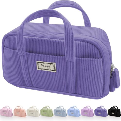 Sooez Large Pencil Case Pouch, Extra Big Pencil Bag with 5 Compartments, Pen Bag Wide Opening, Soft Corduroy Pencil Pouch Organizer with Zipper, Cute Aesthetic School Supplies for Teen Girls-Purple