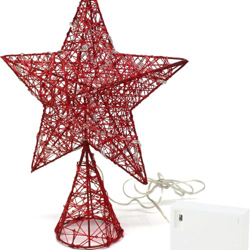 CVHOMEDECO. Red Tree Top Star with Warm White LED Lights and Timer for Christmas Tree Topper Ornaments and Holiday Seasonal Décor, 8 x 10 Inch