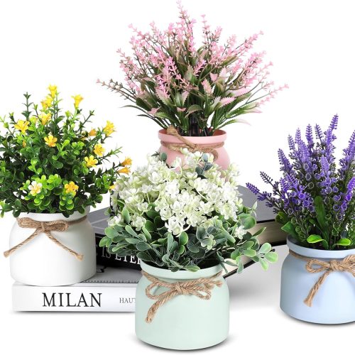 Fake Potted Plants - 4pcs Artificial Plants & Flowers in Macaron Pot Small Faux Plants Indoor Fake Plant Decor, Desk Plant for Home Bathroom Kitchen Shelf Office Decor