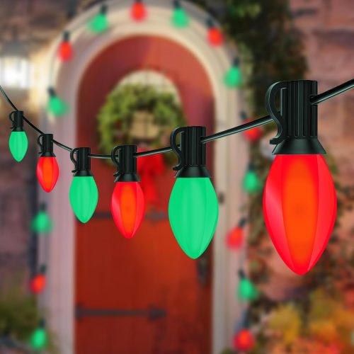 25Ft C7 LED Christmas Lights, Outdoor Christmas String Lights with C7 LED Red and Green Bulbs, Commercial Hanging Vintage Christmas Lights for Holidays Roofline Patio Garden Party Wedding Decor