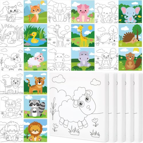 Teling 12 Pcs Pre Drawn Stretched Canvas Kit for Adults Painting Pre Printed Canvas Outline for DIY Painting Party Favor,6 x 6 x 0.6 Inches(Animal)