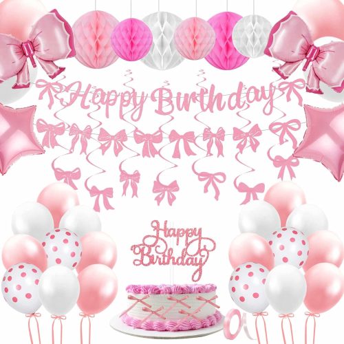 Pink Bow Party Decorations, 47 Pcs Coquette Birthday Party Decorations, Pre-Strung Happy Birthday Banner Bow Garland for Girls Birthday Baby Shower Bridal Shower Bachelorette Party Deco