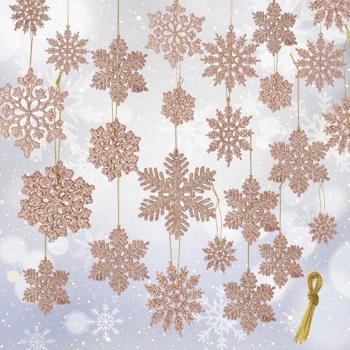 Crafare 48pcs White Plastic Glitter Snowflakes Hanging Ornaments for Christmas Tree Indoor Winter Wonderland Decor