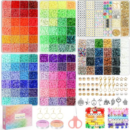 1 20,000 Pcs Clay Beads Bracelet Making Kit, 120 Colors 6 Boxes Polymer Beads Spacer Heishi Beads & Jewelry Kit with Pendant Charms Elastic Strings, Crafts Gift for Kids Adults
