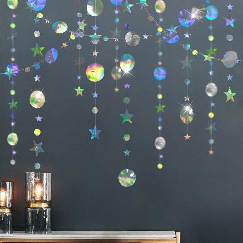 Cheerland Iridescent Party Decorations Holographic Star Garland Hanging Stars Moon Streamer Galaxy Birthday Decoration Ramadan Eid Banner Baby Shower Backdrop Space Alien Celestial Party Decor