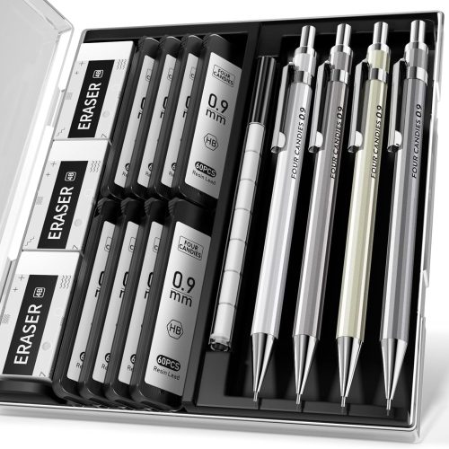 Four Candies 0.9mm Metal Mechanical Pencil Set with Case - 4PCS Fancy Mechanical Pencils, 8 Tubes HB #2 Lead Refills, 3PCS 4B Erasers and 9PCS Eraser Refills, Led Pencils Mechanical for Writing