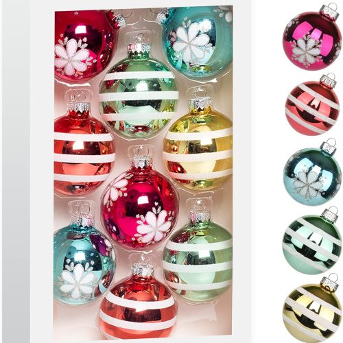 Amooca Christmas Colorful Glass Balls Decoration Festival Party Home Decors Holiday Xmas Tree Hanging Ornaments Set 9pc 2.65in Red Gold Green Floral