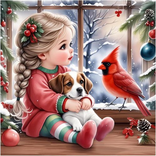 SJUTOUCI Dog and Cardinal Diamond Painting Kits for Adults, Diamond Art Kits for Beginners, DIY 5D Full Drill Diamond Dots Gem Craft Art Home Wall Decor 12x12 inch, Christmas