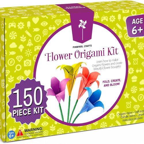 Pinwheel Crafts Flower Origami Kit for Kids Ages 8-12 | 150 Pcs Origami Paper Kit w/Multicolor Folding Papers, Chenille Stems,Buttons and Jewels, Arts and Crafts Paper Book for Kids Ages 6+
