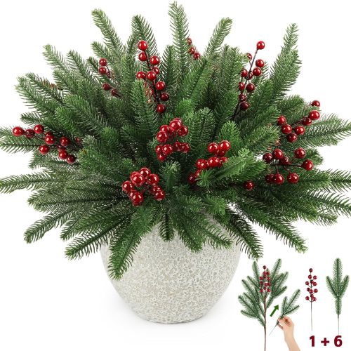 12Pcs/84Pcs Christmas Artificial Pine Branches with Red Berry Stems, 18‘’ Faux Evergreen Christmas Tree Picks, Cedar Cypress Leaves Stems for Xmas Decorations Indoor DIY Craft Garland Home Decor