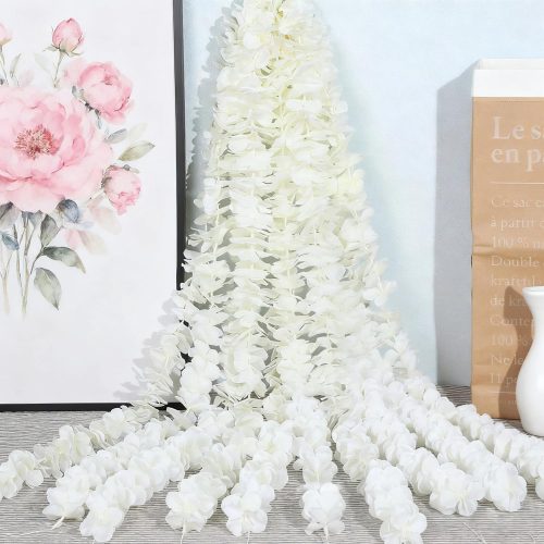 33Ft Cream White Artificial Hanging Flowers Garland Fake Wisteria Flowers Garlands Vine for Party Wedding Garden Wall Decoration (Cream White,10 Pack)