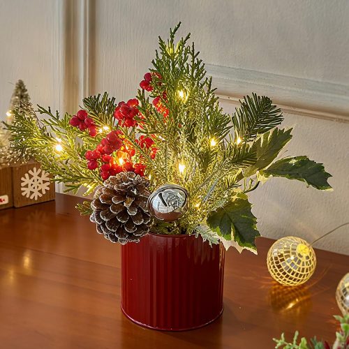BellDesigns Artificial Flower with Red Bucket，Christmas centerpieces for Tables,Pre-lit Artifical Small Tabletop Christmas Tree with USB Power for Home,Office and Holiday Table DIY Christmas Décor
