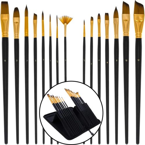 U.S. Art Supply 15 Piece Artist Long Handle Synthetic Paint Brush Set - Multi Functional Watercolor Gouache Oil Acrylic Brush Set in Zippered Nylon Pop-Up Travel Storage Case