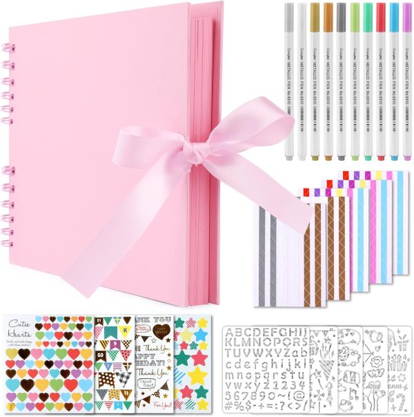 Gotideal 80 Pages Scrapbook Album with 10 Metallic Markers, Craft Paper Photo Album for Wedding and Anniversary, Family DIY Scrapbook Accessories with Scrapbooking Stickers Corners(Pink)