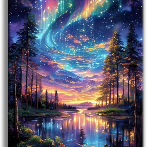 Offito Starry Sky Diamond Art Kits for Adults, 5D Aurora Lake Diamond Painting Kits for Beginners, Fantastic Landscapes DIY Full Drill Dots Gem Art Paint for Home Wall Decor 12 x 16 Inch