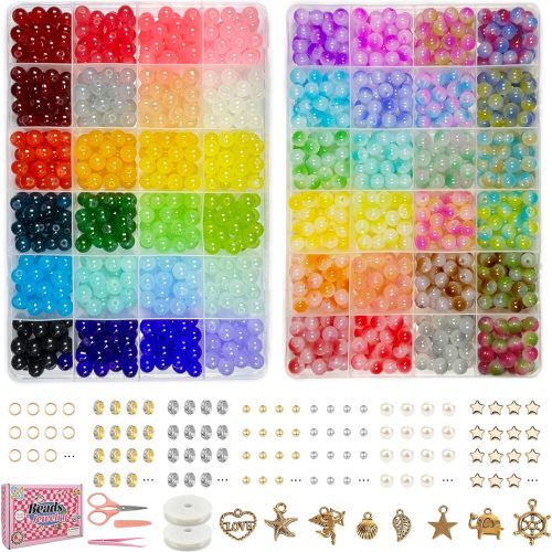 Dayify 1500 Pcs 8mm Glass Beads Bracelet Making Kit, 48 Colors Crystal Beads for Jewelry Making, Round Glass Beads with Charms for Bracelets and DIY Crafts (24 Solid Colors and 24 Mermaid Colors)