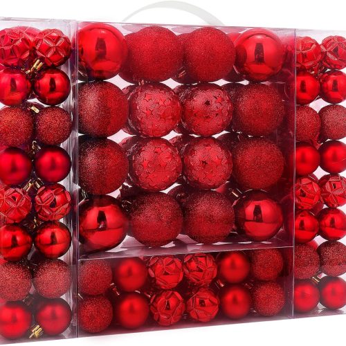 1 87ct Christmas Ball Ornaments Set Shatterproof Seasonal Hanging Decorations with Reusable Hand-held Gift Package for Xmas Tree Holiday Party and Home Decor, Red