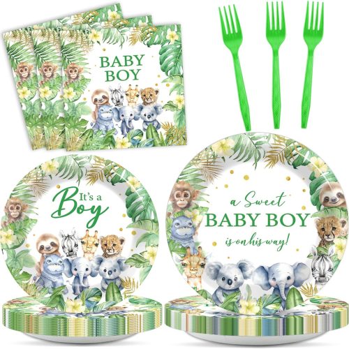 1 96Pcs Safari Jungle Baby Shower Party Supplies Green Wild Animals Baby Boy Paper Plates Napkins Baby Shower Party Decorations Safari Jungle Dinnerware Party Favor Wild One Tableware Serves 24