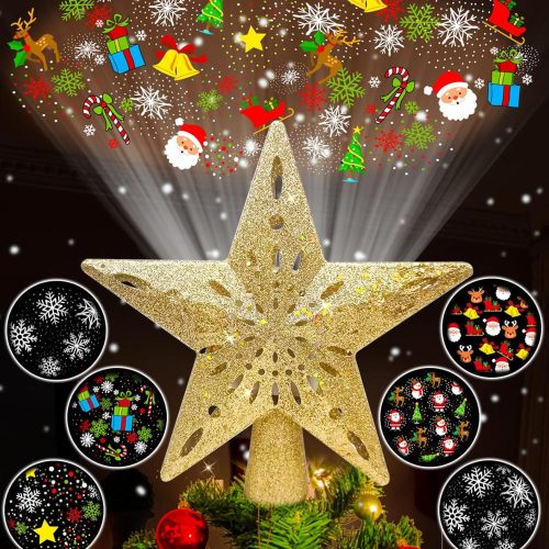 1 Christmas Tree Topper Star Lighted with 6 Projection Modes,Christmas Star Tree Topper Projector Built-in LED Rotating Lights,3D Glitter Dynamic Projector Party Christmas Decorations (Gold)