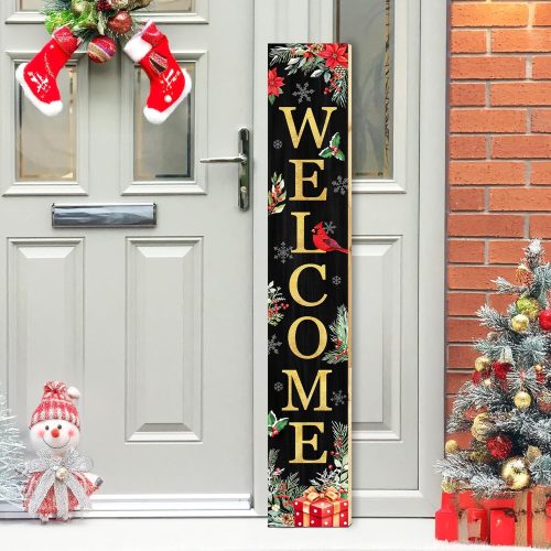 1 Christmas Welcome Sign for Front Porch Standing, Holly Xmas Themed Wooden Porch Sign for Front Door Decorations, Rustic Farmhouse Hanging Wall Sign for Christmas Winter Decor 47.2" H
