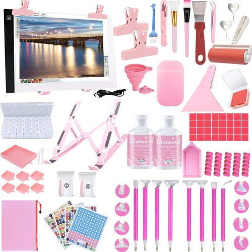 1 158Pcs Diamond Art Accessories Kit All Inclusive Diamond Painting Tool Set with A4 Diamond Painting Light Pad,Diamond Art Sealer Glue,Diamond Correction,Pens Storage Box for DIY Craft