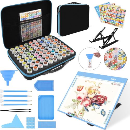 1 Mlife Diamond Painting Storage Boxes,1 Diamond Painting A4 Light Box Tracing Light Board with 3 Brightness, 80 Slots Bead Storage with 5D Diamond Art Accessories and Tools Kit(Blue)
