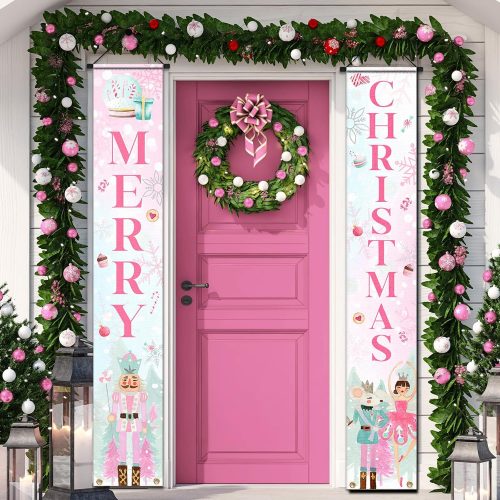 1 Nut-cracker Christmas Porch Sign Banner Decoration,Merry Christmas Supplies Pink Christmas Nut-cracker Door Hanging Banner for 2023 Winter Xmas Front Door Welcome Decoration