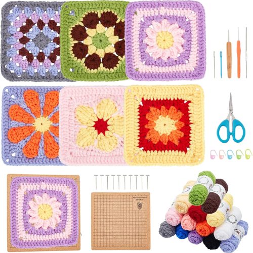 1 ORIGACH Crochet Kits for Beginners 6 Types Crochet Granny Square Kit with Step-by-Step Instructions, Enough Yarn and Blocking Mat, Crocheting Set for Starter Adults, Style 6