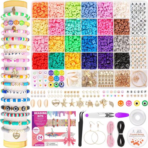 1 BHYTAKI 5800 PCS Clay Beads Bracelet Making Kit, 24 Colors Flat Preppy for Friendship Jewelry Making, Polymer Heishi with Charms DIY Arts and Crafts Birthday Gifts Toys Teen Girls Age 6+