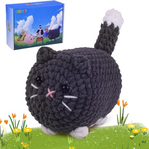 1 Crochet Kit for Beginners,Crochet Starter Kit with Step-by-Step Video Tutorials,DIY Crochet Animal Kits for Adults Kids,Complete Kit Included (Grey Cat)