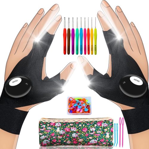 1 Ergonomic Crochet Hooks Set with Light Up Gloves,Precision Lighting,9 Sizes Crochet Hooks with Case 2.0mm~6.0mm,Cool Christmas Unique Gifts for Crochet Lover