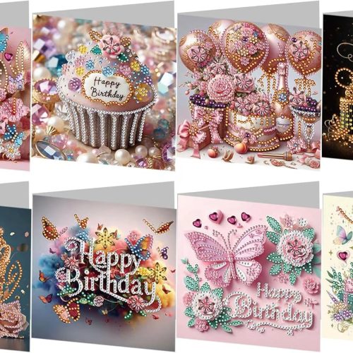 1 8 Pack 5D DIY Diamond Painting Card Kit, Diamond Art Christmas Birthday Holiday Greeting Card, Art Crafts Kit Creative Gift with Envelope, Birthday