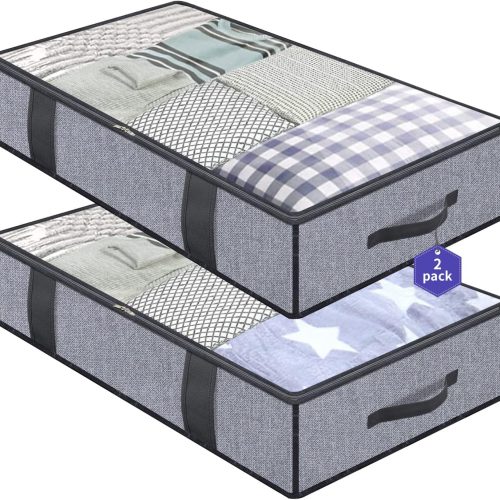 1 Onlyeasy Foldable Underbed Bags 2 Pack - Blankets Clothes Comforters Storage Bag Breathable Zippered Organizer for Bedroom with Clear Window and 4 Handles, 39.4x19.7x5.9 in, Linen-like Grey, MXDUBBP2