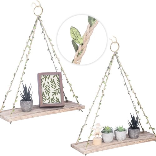 1 MITIME Hanging Shelves for Indoor Wall and Window - Floating Wall Shelves for Plant Display, Boho Style Home Decor.(Leaf Rope, Light Color,Large*2)