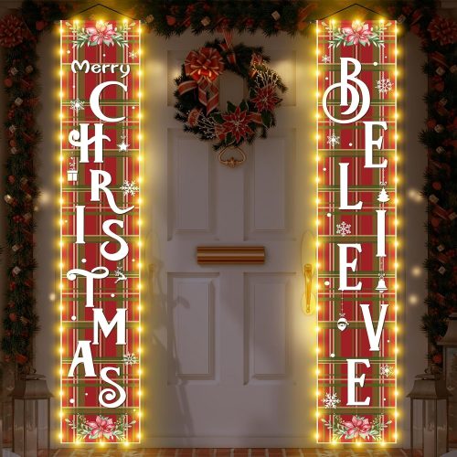 1 Mixweer 2 Pcs Lighted Christmas Hanging Banner Porch Sign Outdoor Decorations Merry Christmas Believe Yard Sign Red Green Buffalo Plaid Snowflake Porch Banner Xmas Holiday Door Garden Signs