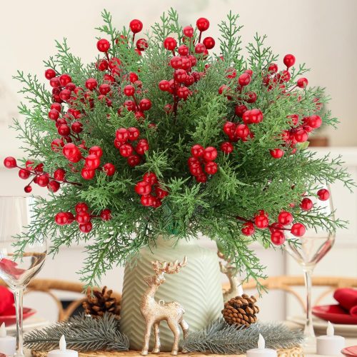 1 4 Bundles 140 Pcs Artificial Christmas Flowers with Red Berry Stems, Fake Norfolk Pine Garland Branches for Winter Decor, Faux Christmas Garland Tree Picks and DIY Crafts (Pine Foliage)