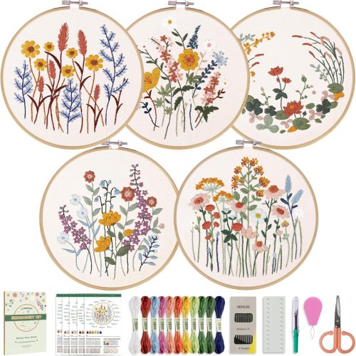 1 CYANFOUR 5 Pack Beginner Embroidery Kit for Adults, Easy to Learn Floral Embroidery Patterns from Video & Instruction, Needlepoint Kits for Adults Include Embroidery Hoop, Colorful Threads, Tools