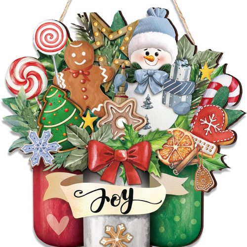 1 Christmas Door Sign Decor Snowman Door Hanger Wreath Decoration Winter Wood Sign for Xmas Winter Holidays Front Porch Home Kitchen Wall Decor