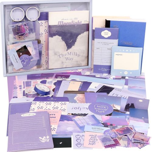 1 Draupnir Aesthetic Scrapbook Kit(348pcs), Bullet Junk Journal Kit with Journaling/Scrapbooking Supplies, Stationery,A6 Grid Notebook with Graph Ruled Pages DIY Scrapbook Gift for Girl Kid(Moonlight)