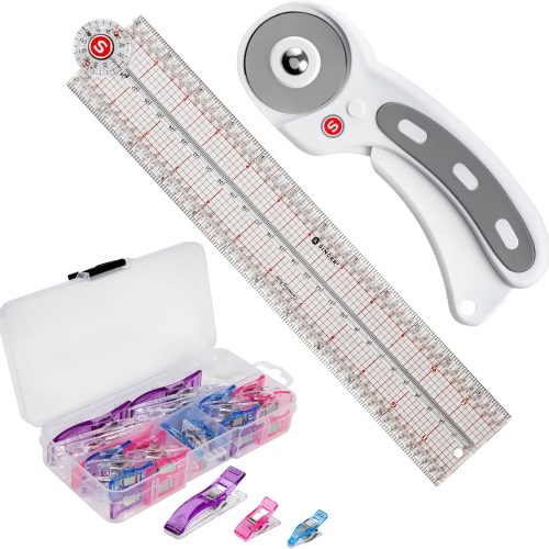 1 Quilting Tool Kit with 24-Count Fabric Clips, 24-Inch Folding Ruler, and 45mm Rotary Cutter - Quilting Supplies for Patternmaking, Sewing, Fabric Work