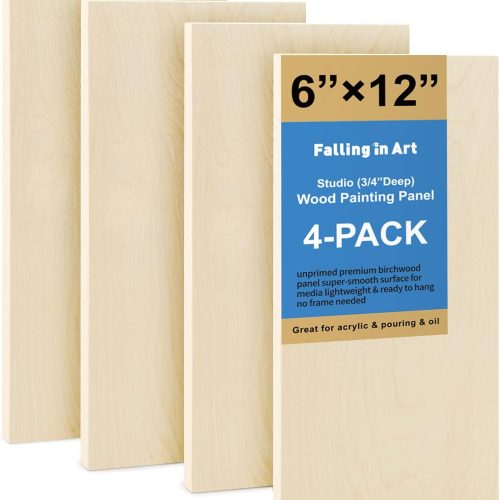 1 Falling in Art Unfinished Birch Wood Panels Kit for Painting, Wooden Canvas 4 Pack of 6x12’’ Studio 3/4’’ Deep, Cradle Boards for Pouring, Art, Crafts, Burning and More