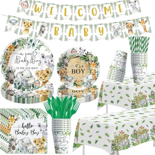 1 Jungle Safari Baby Shower Decorations, 195Pcs Jungle Theme Baby Boy Table Decorations, Plate, Napkin, Cup, Tablecloth, Banner, Cutlery, Wild Animal Baby Shower Party Supplies, Serves 24