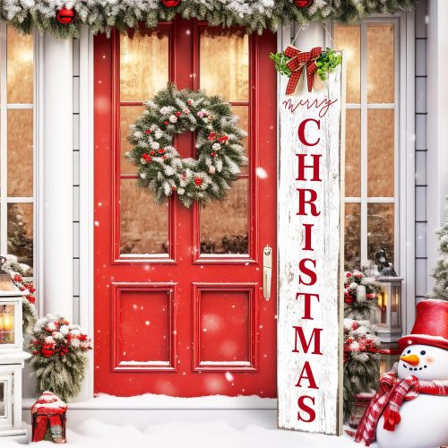 1 Christmas Porch Sign Merry Christmas Hanging Decor 42'' Rustic Vertical Welcome Wooden Sign with Lanyard Bowknot for Outdoor Home Front Door Porch Patio Deck Wall Indoor Farmhouse